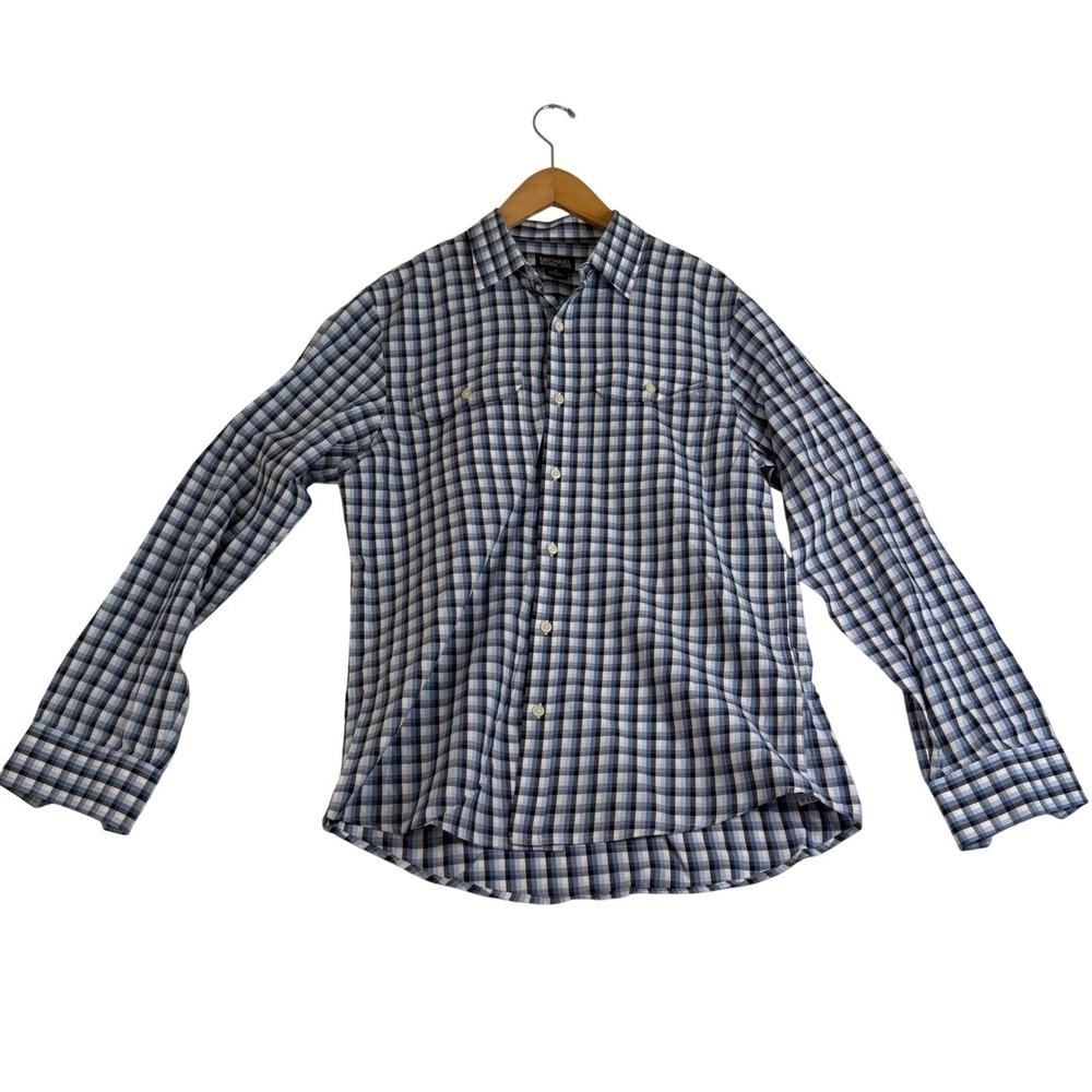 Michael Kors Mens Blue Gingham Plaid‎ Button Down Shirt Long Sleeve Medium 1177